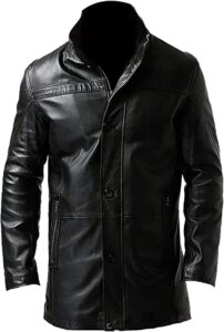 Men's Black Genuine Leather Cafe Style Coat