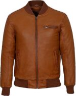 Retro Biker Style Tan Leather Bomber Jacket